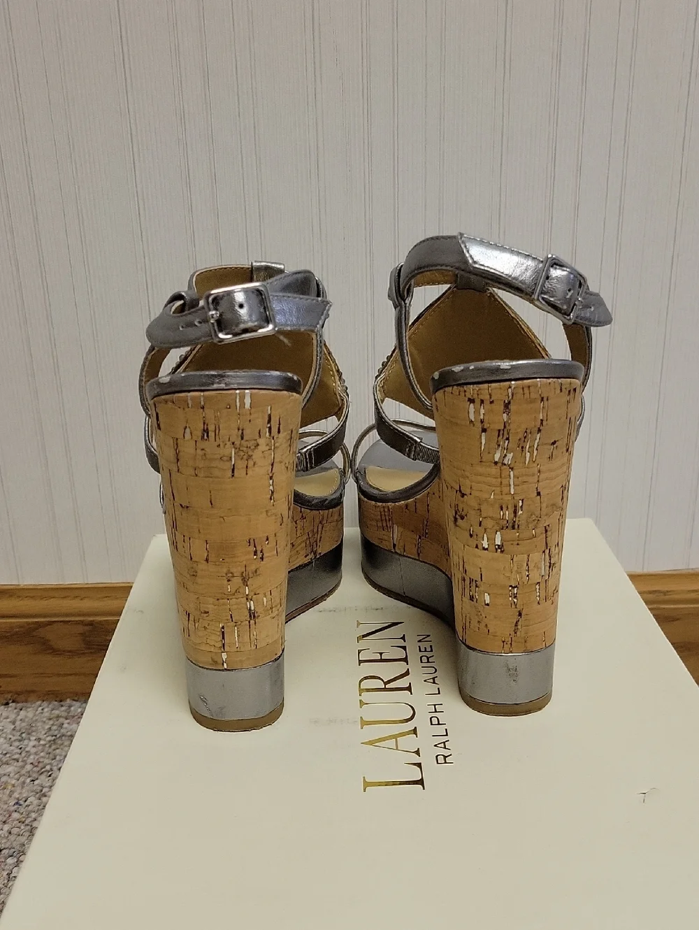 Lauren Ralph Lauren Embellished Silver Cork Wedge Mattie Sandals 6.5 Festival